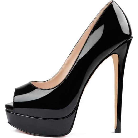 Women 🆕Women Black Platform Stiletto Heels Shoes Peep Toe Pumps 6 inch Heel for Dress